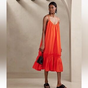 Banana Republic Charlize Linen Midi Dress in Trailblazing Red Orange Small $190
